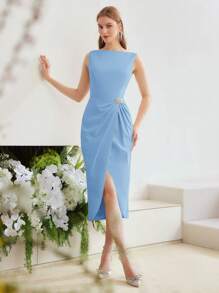 MOTF PREMIUM WRAP FOLD PLEATED DRESS - Blue - View 1