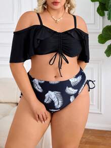 SHEIN CURVE+ Plus Size Women's Two Pieces Printed Off Shoulder Ruffled Adjustable Drawstring Swimwear, Minimalist Style For Vacation For Summer - Multicolor - View 6