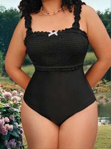 Swim Mod Plus Size Women's One-Piece Swimsuit With Ruffle Trim And Bow Decoration, Cute And Sweet For Beach Holiday