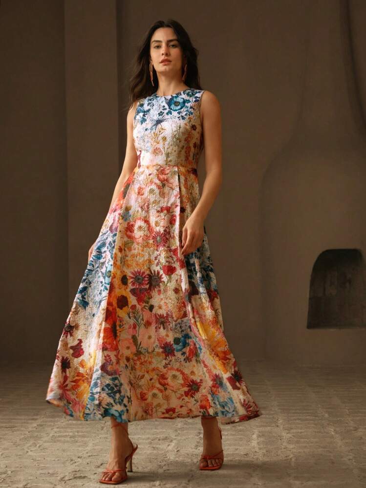 Anewsta Easter Spring/Summer Round Neck Ditsy Floral Waist Fitted A-Line Fashionable Elegant Ladies Dress - Multicolor - View 7