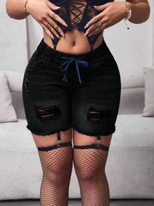 SHEIN SXY 休闲破洞毛边牛仔短裤 - 黑色 - 查看 4