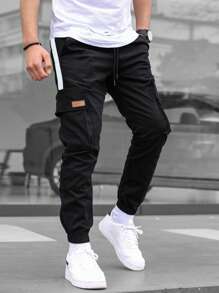 Manfinity Homme Men's Casual Solid Color Drawstring Waist Cargo Pants Clothes For Men Pants Casual Men Pants - Black - View 4