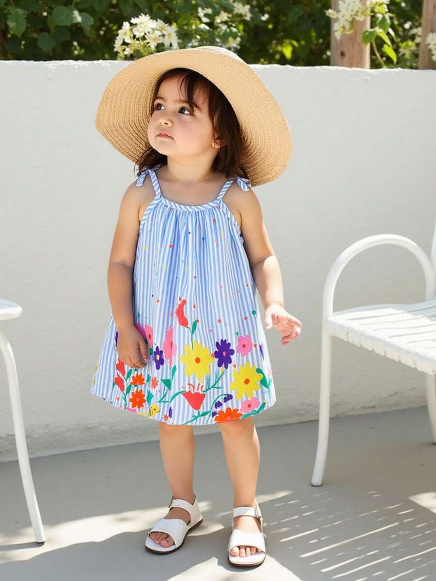 SHEIN Playful Pals Baby Girl Clothing Baby Girl Dress Full Floral Pattern Suspender Bow Summer Elegant And Fresh Dress - Blue - View 1