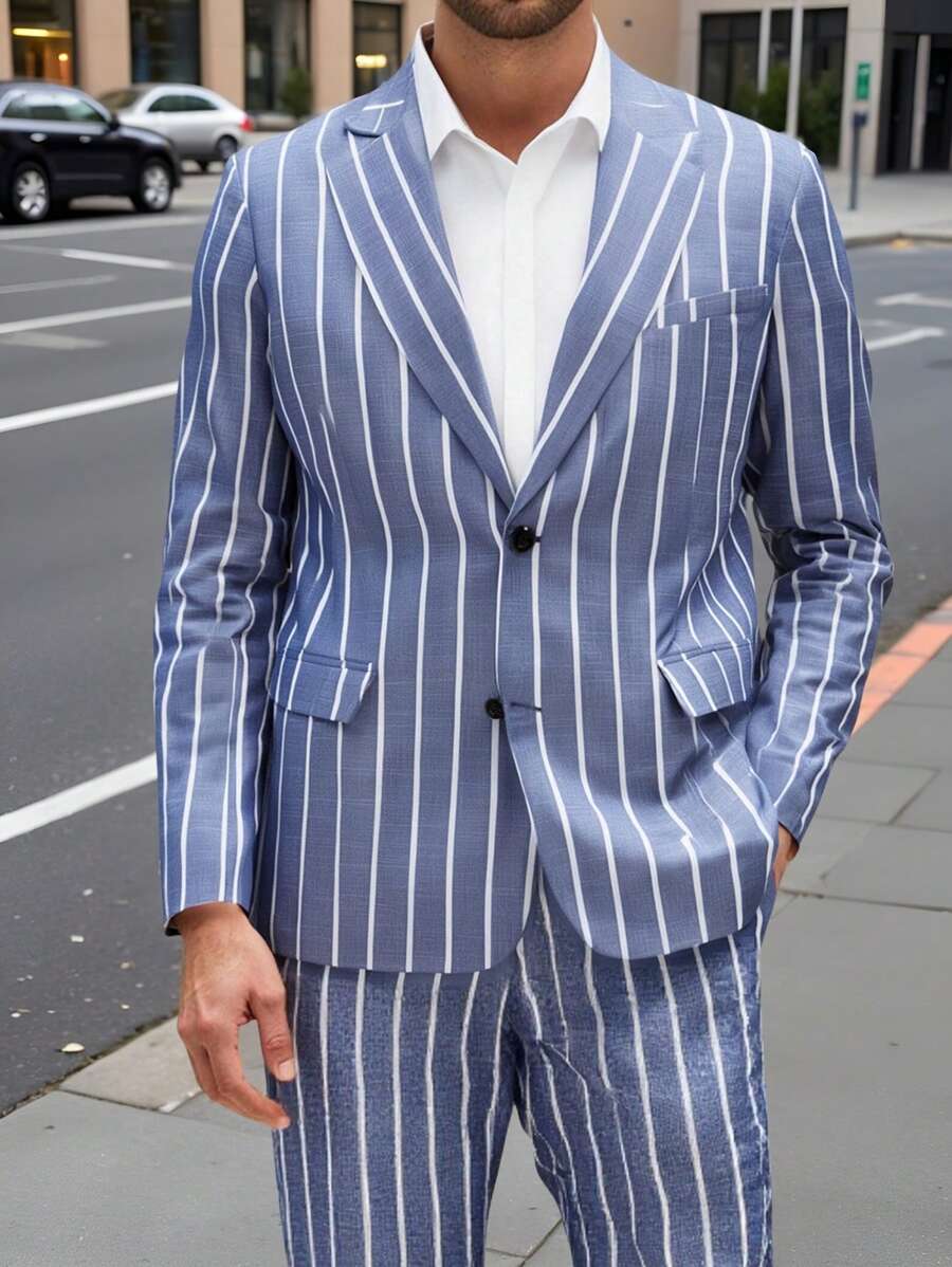 Manfinity Homme 男士西装是节日婚礼的必备单品，帅气的男友装男士前扣长袖口袋条纹简约上衣和裤子两件套西装 - 藍白色 - 查看 1