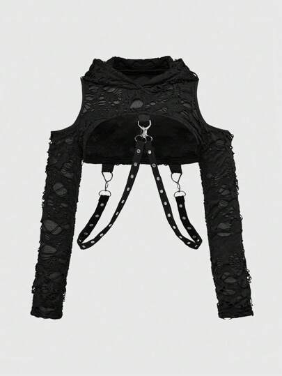 Grunge Punk تي شيرت هوودي مقطع مثير بحجم كبير مع تصميم السلسلة والشريط، مناسب للصيف والشاطئ والتخرج والعيد وحفلات الموسيقى وعطلة نزوفيل، أناقة وجمال مهرجان استوائي