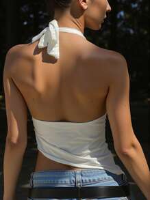 INAWLY Women's Solid Color Deep V Neck Cropped Fitted Sexy Sleeveless Tank Top - White - View 2