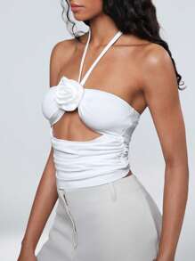 SHEIN Unity Spring/Summer Fashionable & Delicate Women's White Floral Halter Hollow Out Waist Fitted Tank Top - White - View 3