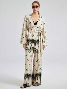 Ontre Apricot Coconut Tree Print Elastic Waist Wide Leg Casual Pants