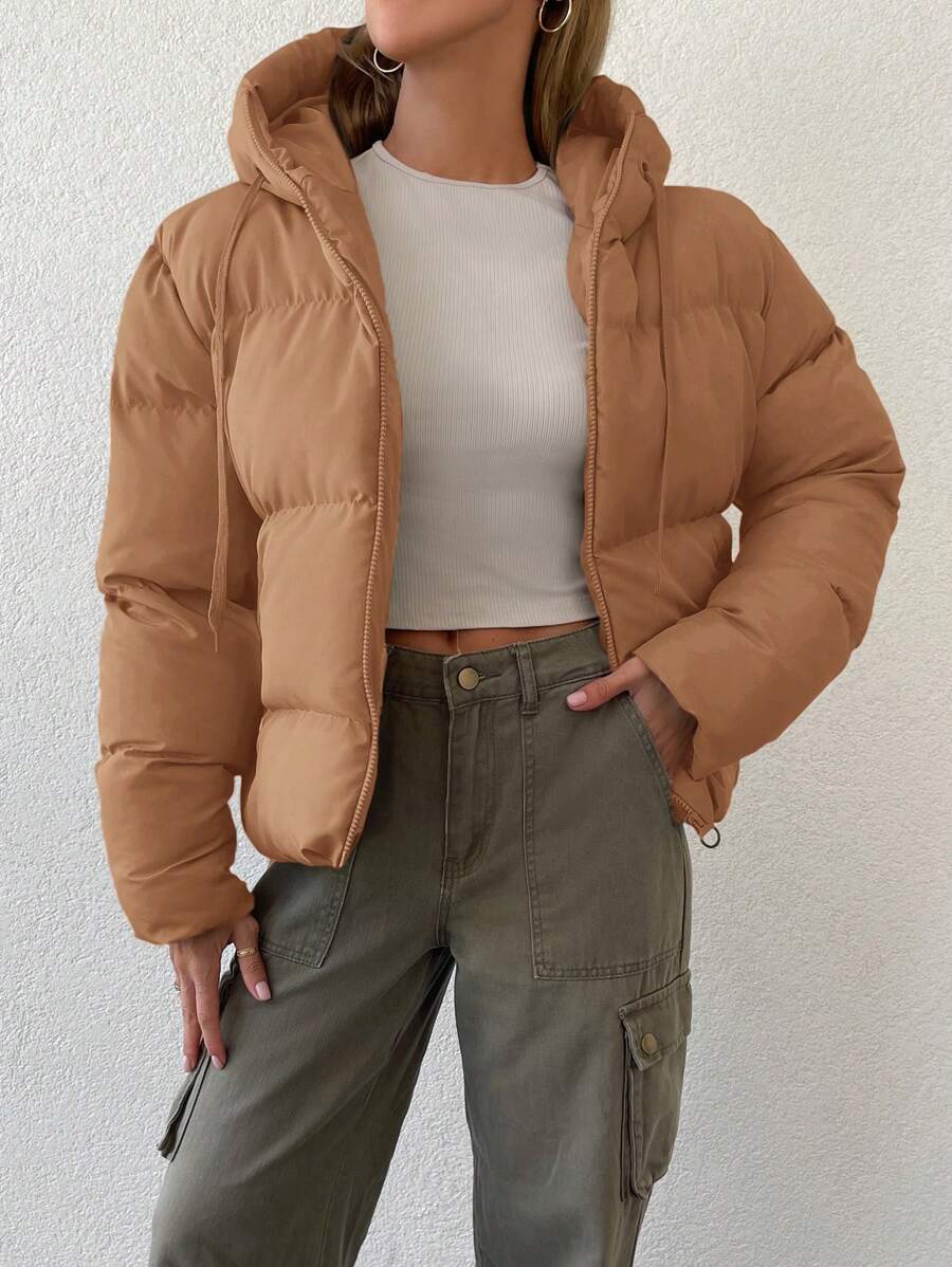 EURMUSE Women's Drawstring Hooded Padded Jacket - Brown - View 1