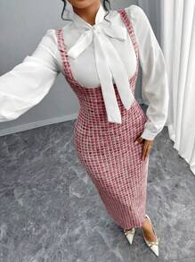 Elenzga 2 chiếc áo sơ mi cổ trắng thanh lịch kiểu Pháp và váy yếm dài bằng vải jacquard màu hồng, dành cho nữ mùa thu/đông - Đỏ - Xem 3