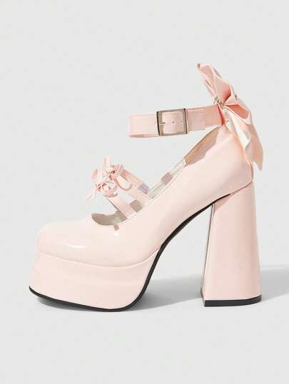 Kawaii Women's Pink Closed-Toe Chunky Heel Mary Jane Shoes With Bowknot Strap And Platform, Retro JK School Uniform Style High Heels