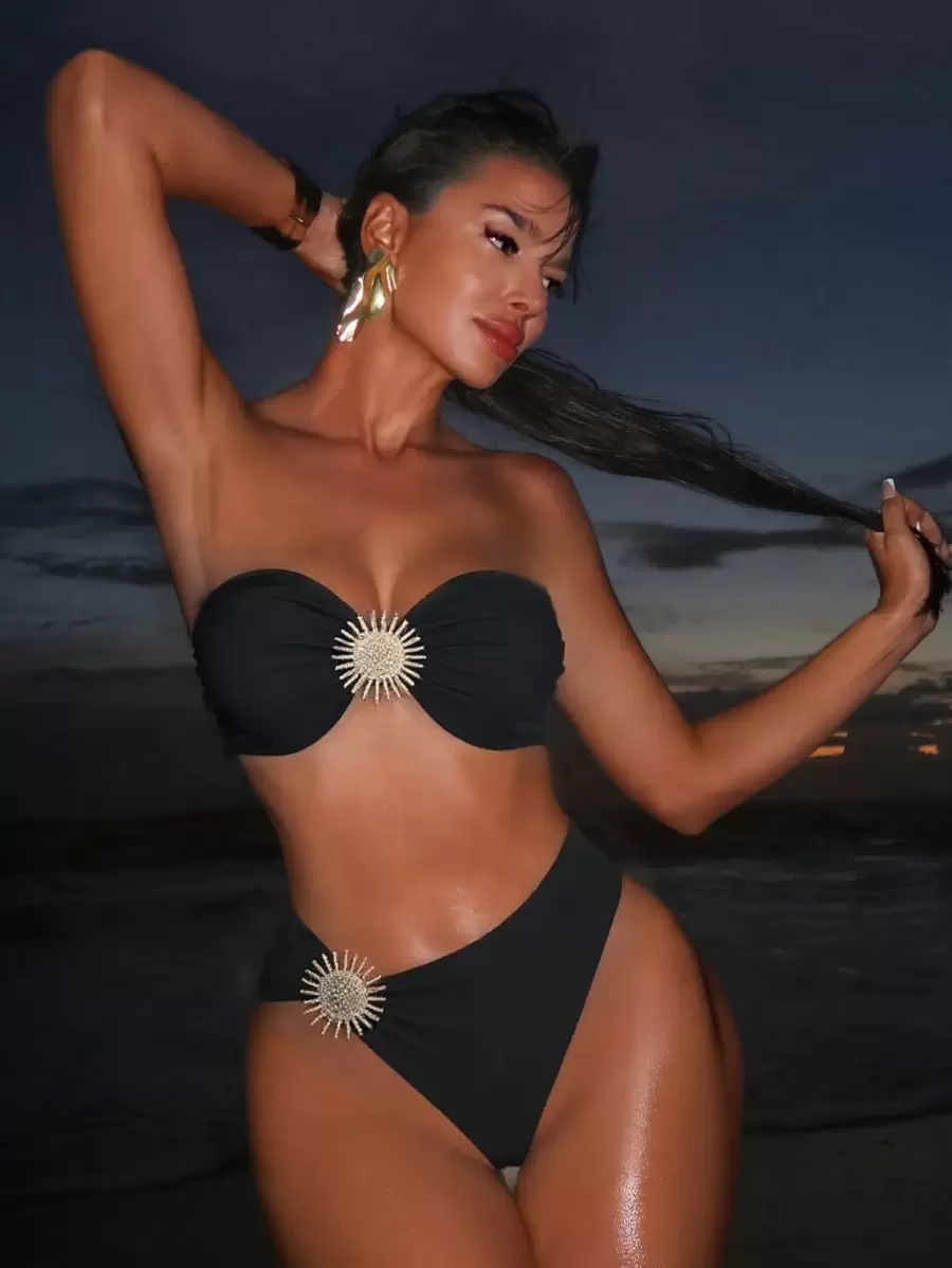 Swim SXY 女士海滩夏季服装，纯色性感防晒配饰抹胸比基尼套装 - 黑色 - 查看 1