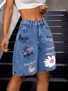 SHEIN Teen Girl Y2K Stonewashed Casual Loose Fit Blue Baggy Denim Long Shorts With Floral, Butterfly Pattern Print,Girls Summer Boho Vacation Rave Concert Streetwear Outfits