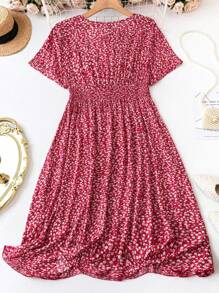 SHEIN CURVE+ 大码女式花卉印花腰褶皱连衣裙，新年装 - 紅色 - 查看 2