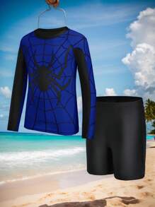 SHEIN Tween Boy Casual Beach Spider Web Graphic Rash Guard & Swim Trunks Set - Blue - View 2