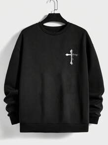 EURMUSE 100%Cotton Men's Casual Loose Fit Drop Shoulder Sweater With Cross Pattern - Black - View 4