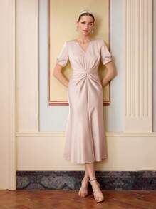 ZEYLAH Váy đuôi cá xếp nếp cổ chữ V màu trơn cho nữ, váy ngắn tay thanh lịch đơn giản, phù hợp cho mùa hè - Màu Hồng baby - Xem 7