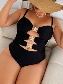 SHEIN CURVE+ Plus Size One-Piece Solid Color Hollow Out Metal Starfish Buckle Decor Sexy Elegant Resort One Piece Swimsuit For Women For Summer Beach Vacation