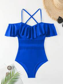 SHEIN Swim 女士连体荷叶边露肩纯色泳衣 - 寶藍色 - 查看 5