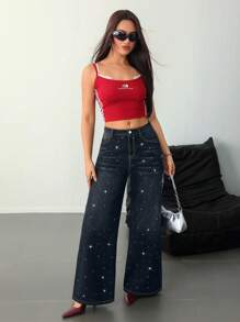 SHEIN EZwear 女士牛仔裤 女式高腰牛仔裤 黑色低腰宽松闪亮水钻牛仔裤 牛仔裤 闪亮牛仔裤 宽松女式牛仔裤 低腰宽松牛仔裤 女式下装 亮片裤 闪光裤 女式高腰裤 - 深色水洗藍 - 查看 6