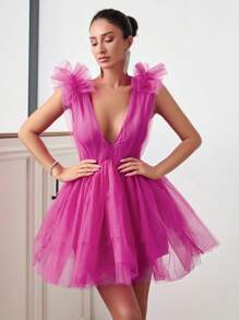 RueChic Elegant, Cute Style Mesh Layered Frill Strap Detailed Fancy Pink Short Dress - Pink - View 3