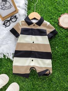 SHEIN Enterizo de punto a rayas de manga corta para bebé recién nacido niño, adecuado para fiesta de cumpleaños, fiesta de noche, evento, boda, celebración de un mes, bautizo y baby shower del primer cumpleaños, verano