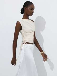 Aveloria Modichic Women's Elegant Oblique Shoulder Tie Strap Fashionable Summer Top - Apricot - View 5