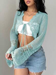 Flirla Áo len cardigan dài tay khoét rỗng phía trước màu trơn cho nữ, trang phục đi nghỉ - Màu xanh lam - Xem 4