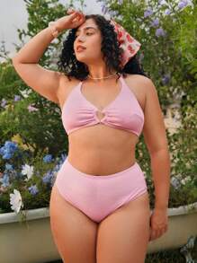 SHEIN Swim Mod 2 件大码女式甜美粉色心形吊带文胸和泳裤泳装套装，假日海滩装，夏季度假 - 粉色 - 查看 1