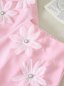 2 Pieces Set Young Girl Pearl 3D Flower Decor Ruffle Top & Solid Color Skirt Outfit, Elegant & Princess Style For Summer - Pink - View 8