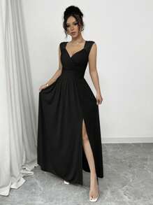 Rafferiza 法式优雅蕾丝边 V 领裹褶腰无袖 A 字开叉卡其色连衣裙，适合日常穿着、宴会、婚礼、春夏 - 黑色 - 查看 6