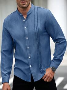 Manfinity Homme Men's Casual Business Commute Solid Color Long Sleeve Button-Up Shirt,Men's Solid Color Texture Casual Wrinkle Double Patch Bag Commuting Light Mature Long Sleeved Button Up Shirt, For Fall - Dusty Blue - View 4