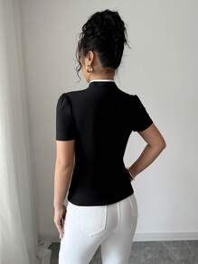 Elenzga Halloween Costume Black Minimalist Fitted Stand Collar T-Shirt For Women - Black - View 2