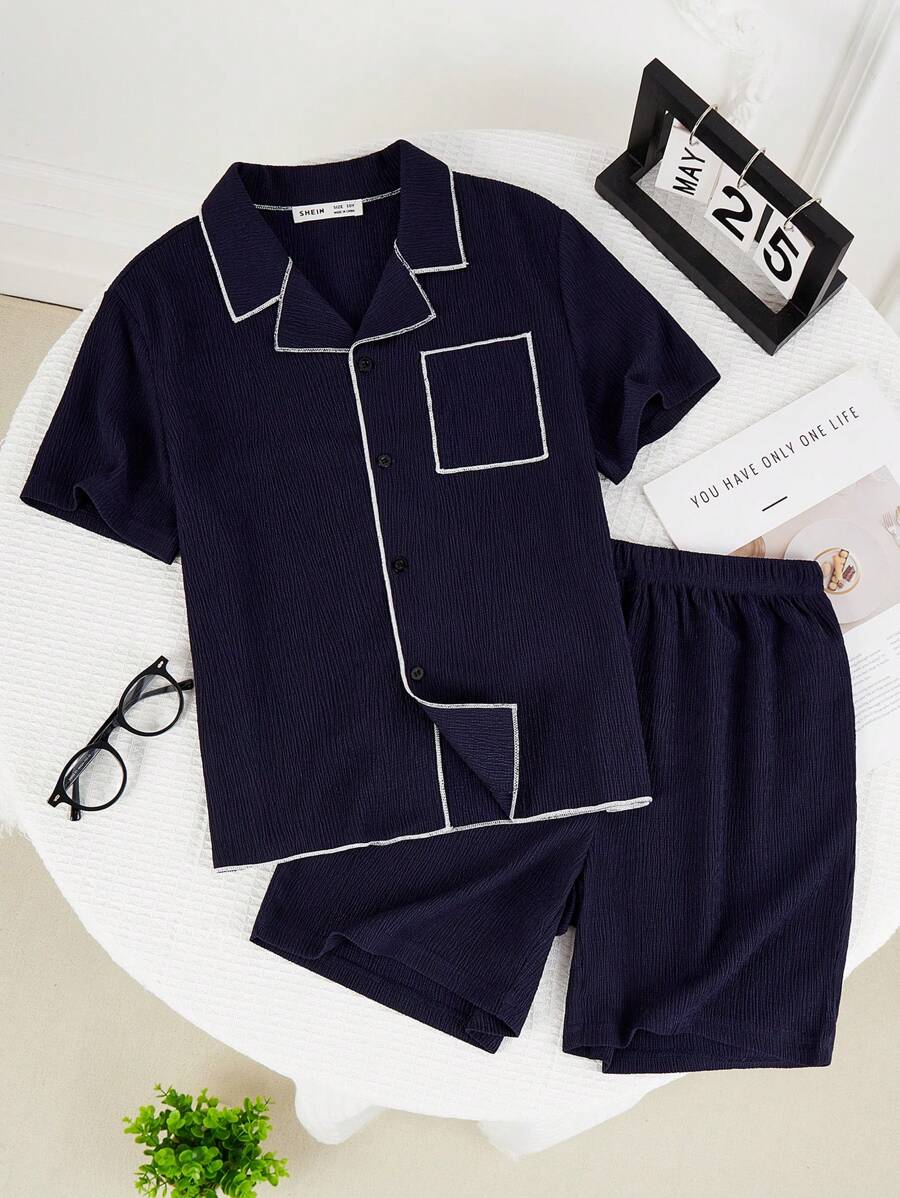 2pcs/Set Boys Oversized Solid Navy Blue Textured Fabric Casual Short Sleeve Top And Shorts Set, Loose & Comfortable Loungewear - Royal Blue - View 1