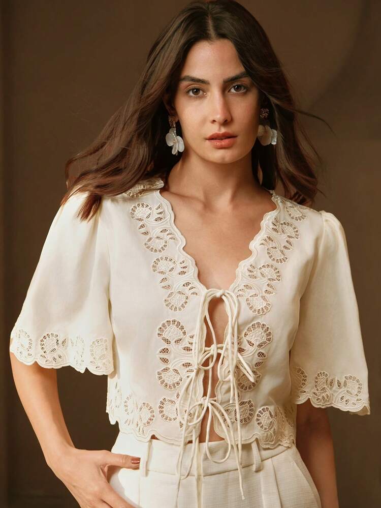 Casual, Festival, Beach Bowknot , Embroidery, Hollow-Out V-Neck Blouse