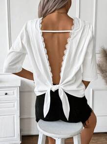 SHEIN LUNE Women's Summer Open Back Ruffle Tie-Front Bow Short Sleeve Casual Blouse White Shirt For Vacation, Wedding