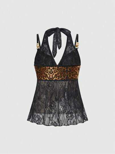 J-Fashion Conjunto de 2 piezas de camisola con decoración de metal en cruz y estampado de encaje y leopardo, estilo Harajuku Y2K