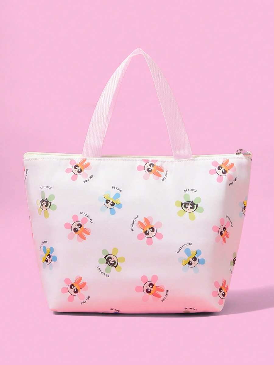 THE POWERPUFF GIRLS X SHEIN 带拉链的卡通花朵、泡泡、毛茛图案保温午餐袋,便携式保温午餐盒,适用于学校、工作、露营和海滩,可清洗,多用途收纳袋 - 彩色 - 查看 1