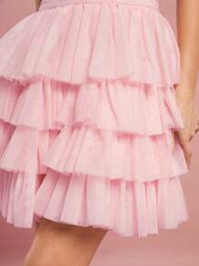 Enchnt 不对称褶饰分层网眼连衣裙 - 淺粉色 - 查看 3