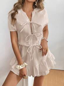 SHEIN Frenchy 女士纯色前系带插肩袖休闲连身裤 - 杏色 - 查看 4