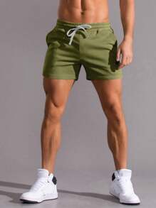 Manfinity Homme Quần short nam cạp chun màu trơn đa năng thường ngày - xanh quân đội - Xem 3