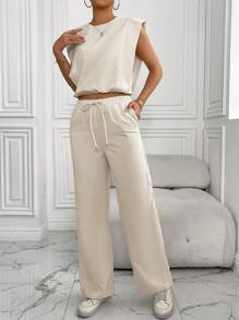 Chiquease 2pcs Women Business Casual Outfit, Simple Fashion Round Neck Top & Elastic Waist Pants For Daily Commute - Apricot - View 6