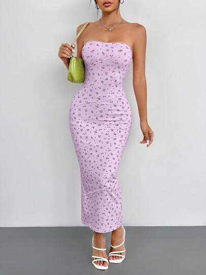 SHEIN PETITE Summer Ditsy Floral Printed Strapless Bodycon Mini Dress,Lavender Dress