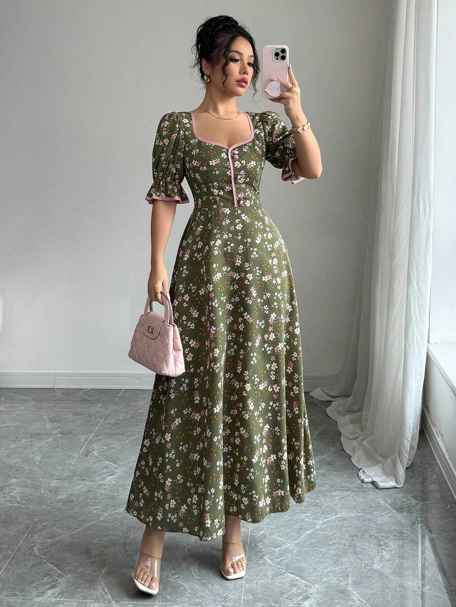 Modelyn 女式泡泡袖碎花连衣裙，撞色边，超长款女士装长款晚礼服 - 綠色 - 查看 1