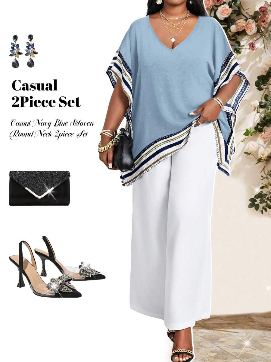 Fleurora 春夏休闲海军蓝编织圆领斗篷袖七分袖大码套装情人节新年女装