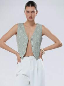 SHEIN Privé 法式浪漫度假镂空刺绣前开背心，女款，夏季 - 彩色 - 查看 4