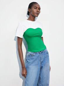Maija Women's Green & White Color Block Modern Casual Crewneck Fitted Ruched Details Short Sleeve T-Shirt, Versatile Everyday Wear,Fall Women Clothes,European Summer