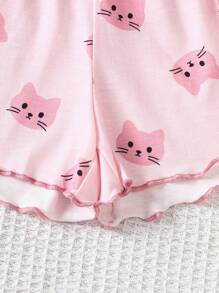 Dozemod Tween Girl Tween Girls 4 件套卡通猫和心形印花荷叶边吊带背心和短裤睡衣套装，舒适休闲阻燃 - 淺粉色 - 查看 4