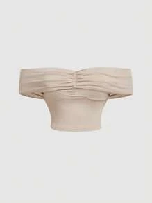 SHEIN MOD Plus Size Women's Elegant Khaki Two Pieces Set Women: Off-Shoulder Top & Skirt,Valentines Clothes,Summer Vacation,Spring/Summer,Brunch,Vintage 2 Pieces Set For Woman,Vacation Two Pieces Set,Beach Outfits For Woman,Western Wear Women,Country Concert Outfit,Beach Vacation,Easter - Apricot - View 6