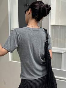 Dazy-Less Women's V-Neck Solid Color Simple Short Sleeve T-Shirt With Button Design Business Casual Woman Work Clothes - Grey - View 3
